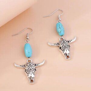 Western Style Turquoise and Silver Bull Skull Boho Style Drop Earrings
